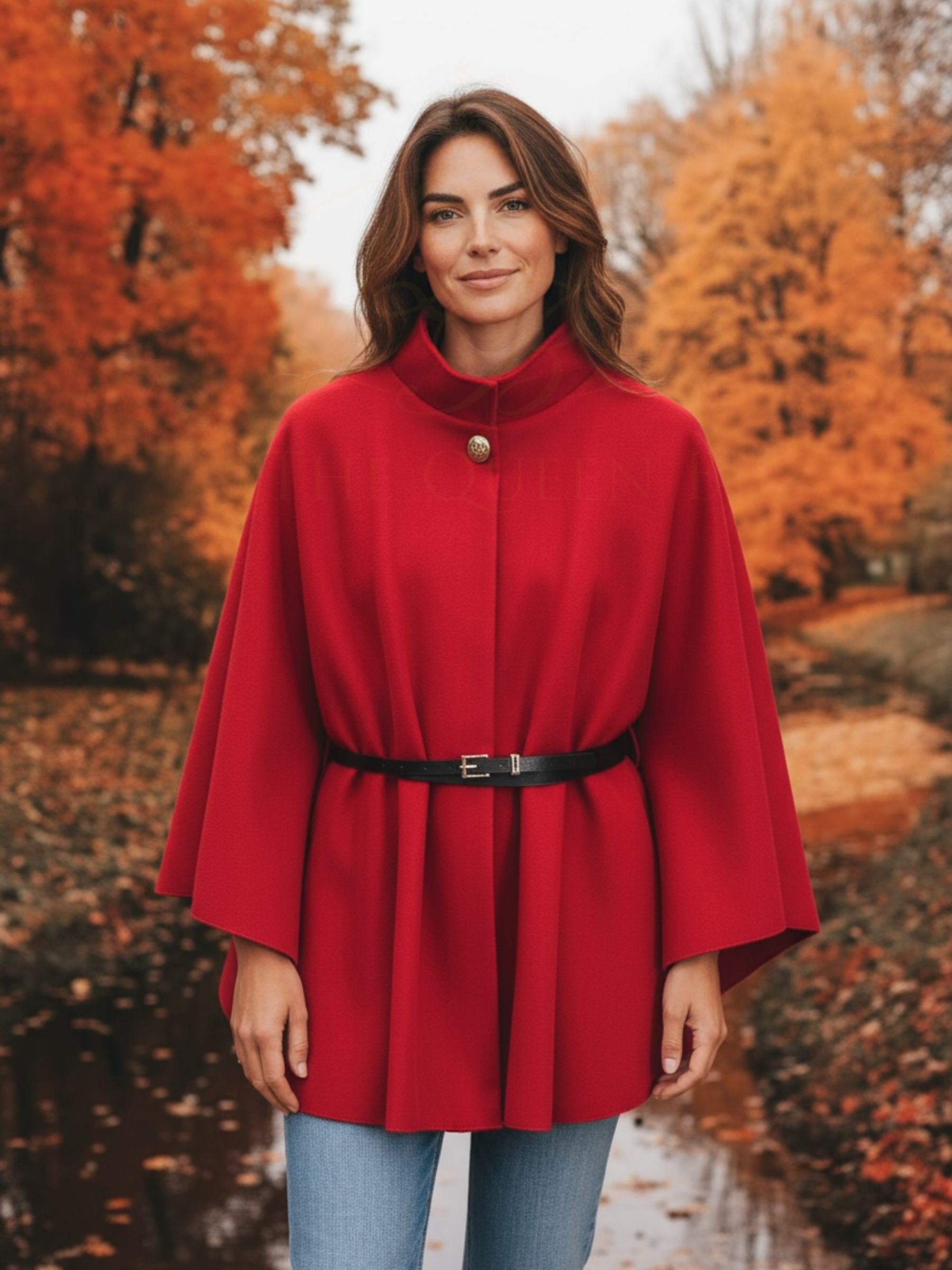 The QBAW25 RR Red Carrie Cape features a structured silhouette with wide sleeves, a high neckline and elegant gold button detailing. Finished with a detachable belt for a flattering fit, this chic cape blends timeless tailoring with modern sophistication - perfect for layering over seasonal outfits.