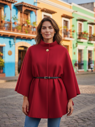 QBAW25 RR Red Carrie Cape – women’s elegant red belted cape with gold button detail and structured silhouette. Also available in camel for versatile day-to-night styling.