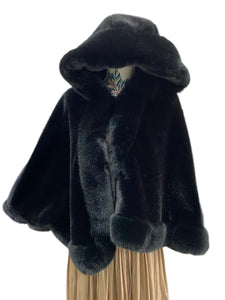 QB Faux Fur Poncho With Hood P4010 Black
