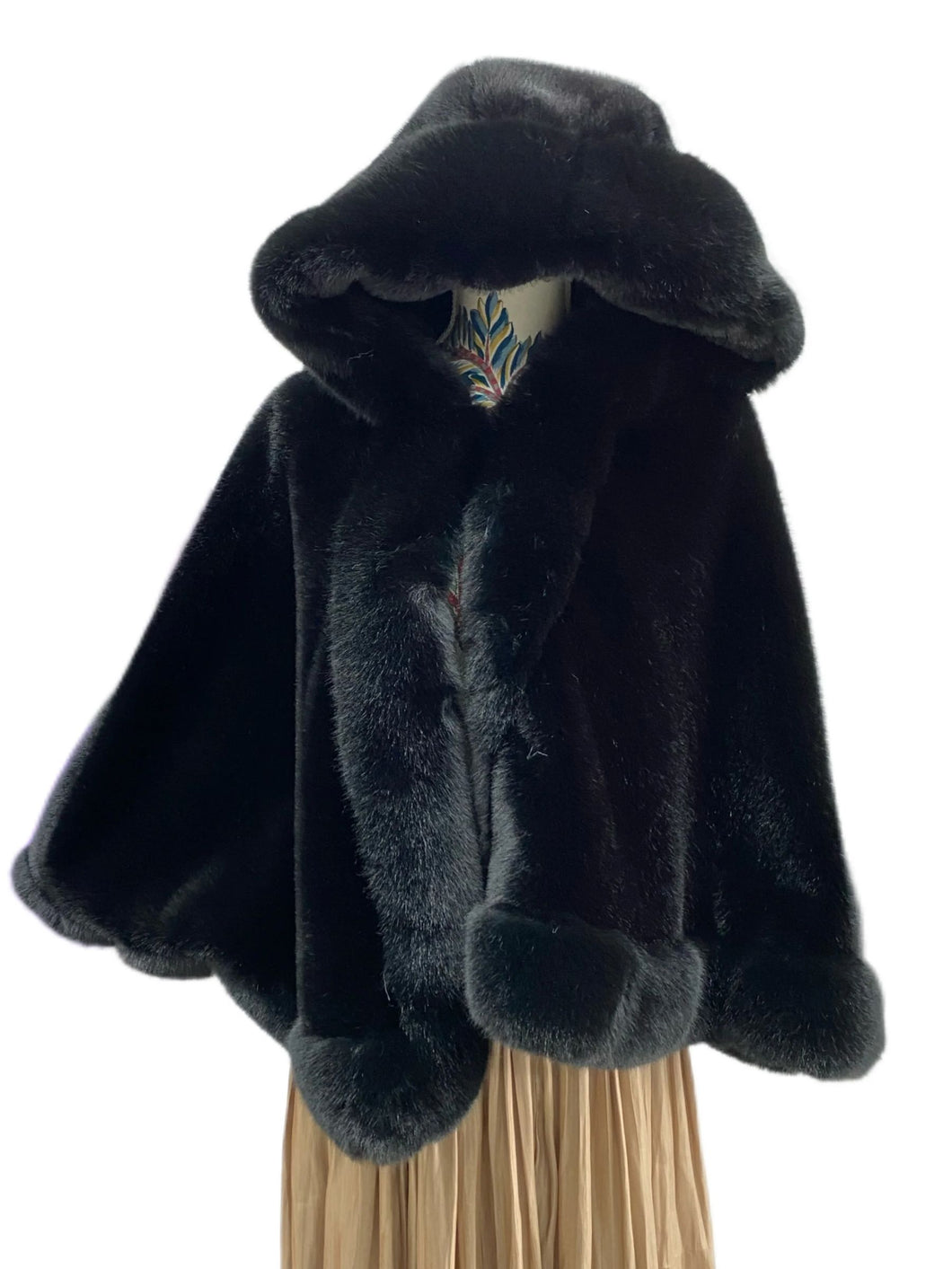 QB Faux Fur Poncho With Hood P4010 Black