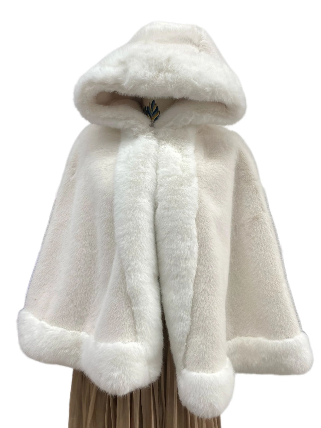 QB Faux Fur Poncho With Hood P4010 White