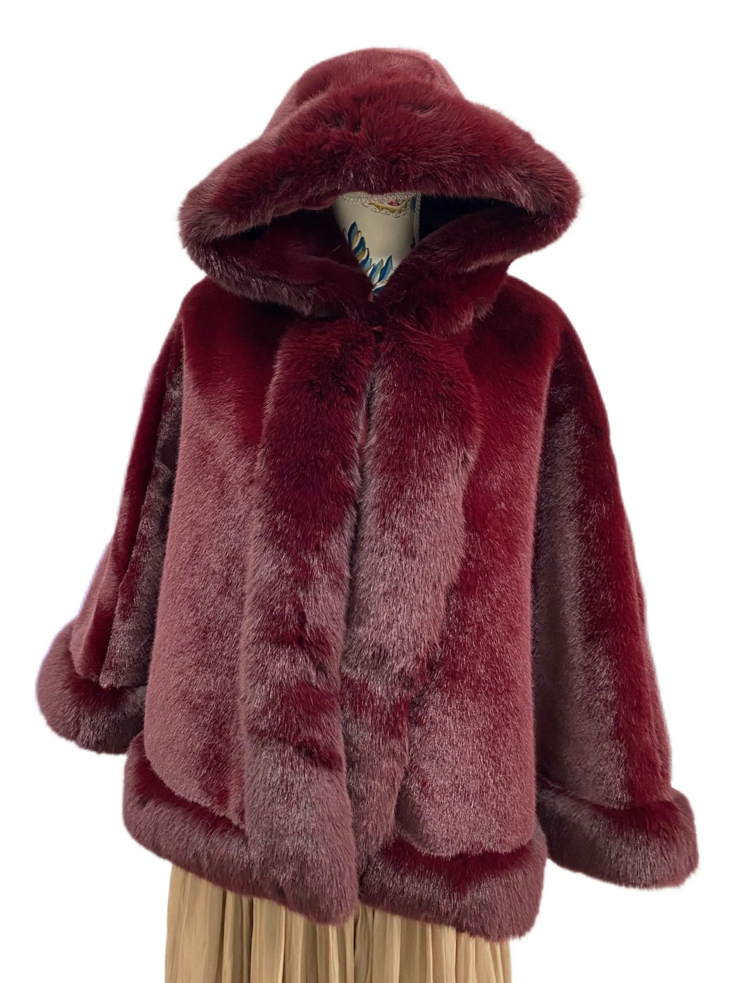 QB Faux Fur Poncho With Hood P4010 Burgundy