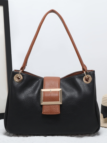 QB Milan 25444 Jane Black Bag featuring a structured design with buckle detailing, tan handles and gold hardware. A timeless, versatile handbag also available in Wine and Navy.