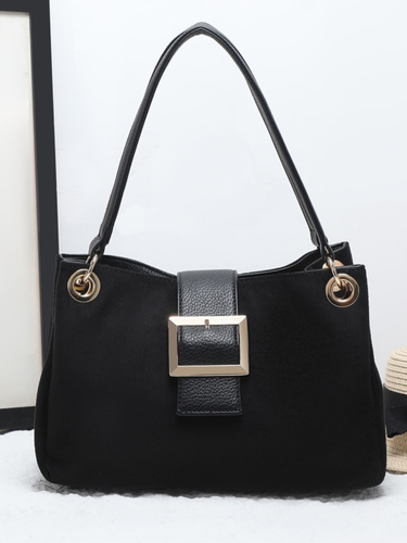 QB Milan 25457 Ava Black Bag featuring a structured silhouette with statement buckle detail and gold-tone hardware. A timeless versatile handbag.