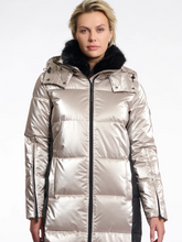 Load image into Gallery viewer, Rino &amp; Pelle Ciara Ice Grey Long Padded Coat – women’s metallic winter coat with detachable hood, faux fur lining and contrast black side panels.
