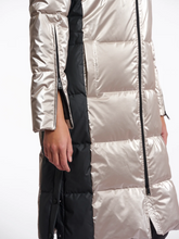 Load image into Gallery viewer, Rino &amp; Pelle Ciara Ice Grey Long Padded Coat – women’s metallic winter coat with detachable hood, faux fur lining, and contrast black side panels.
