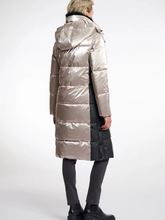 Load image into Gallery viewer, Rino &amp; Pelle Ciara Ice Grey Long Padded Coat – women’s metallic winter coat with detachable hood, faux fur lining, and contrast black side panels.
