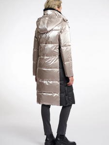 Rino & Pelle Ciara Ice Grey Long Padded Coat – women’s metallic winter coat with detachable hood, faux fur lining, and contrast black side panels.