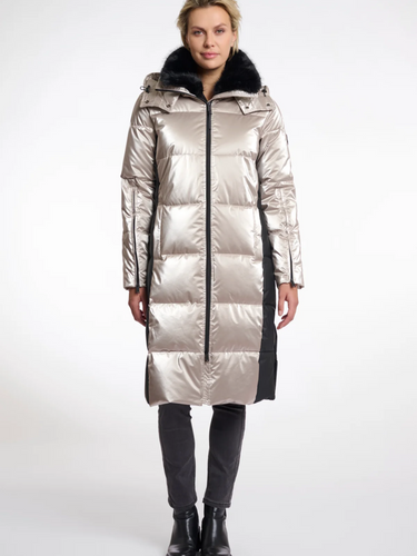 Rino & Pelle Ciara Ice Grey Long Padded Coat – women’s metallic winter coat with detachable hood, faux fur lining and contrast black side panels.