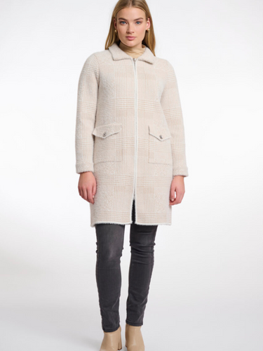 Rino & Pelle Emery Stone Check Zip Cardigan – women’s longline stone cardigan with zip fastening, collared neckline and flap pockets.