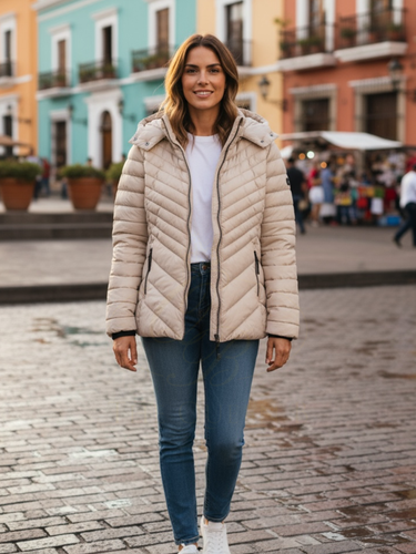 Rino & Pelle Erin Birch Padded Jacket – women’s recycled quilted puffer with hood and zip pockets. Stylish lightweight outerwear for everyday wear.