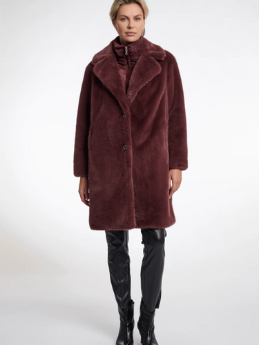 Rino & Pelle Geesje Chocolate Bean faux fur coat with zip inner layer-luxury women’s longline winter coat for stylish cold-weather outfits.