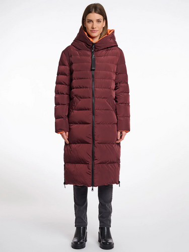 Rino & Pelle Keila long padded coat for women in with faux-fur lining, hood, zip closure and side zips – stylish insulated winter outerwear.