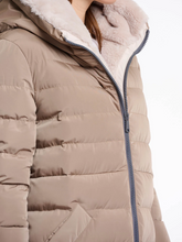 Load image into Gallery viewer, Rino &amp; Pelle Keilafur long padded winter coat for women with faux-fur lining, hood, zip closure and side zips – stylish insulated outerwear for cold weather.
