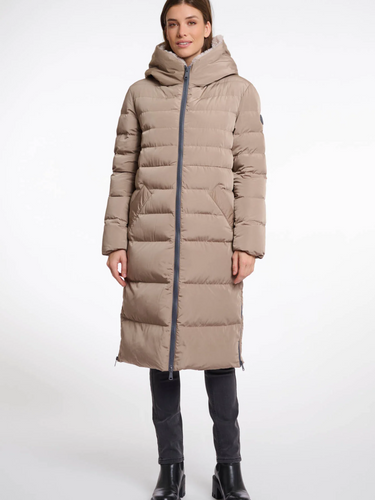 Rino & Pelle Keilafur long padded winter coat for women with faux-fur lining, hood, zip closure and side zips – stylish insulated outerwear for cold weather.