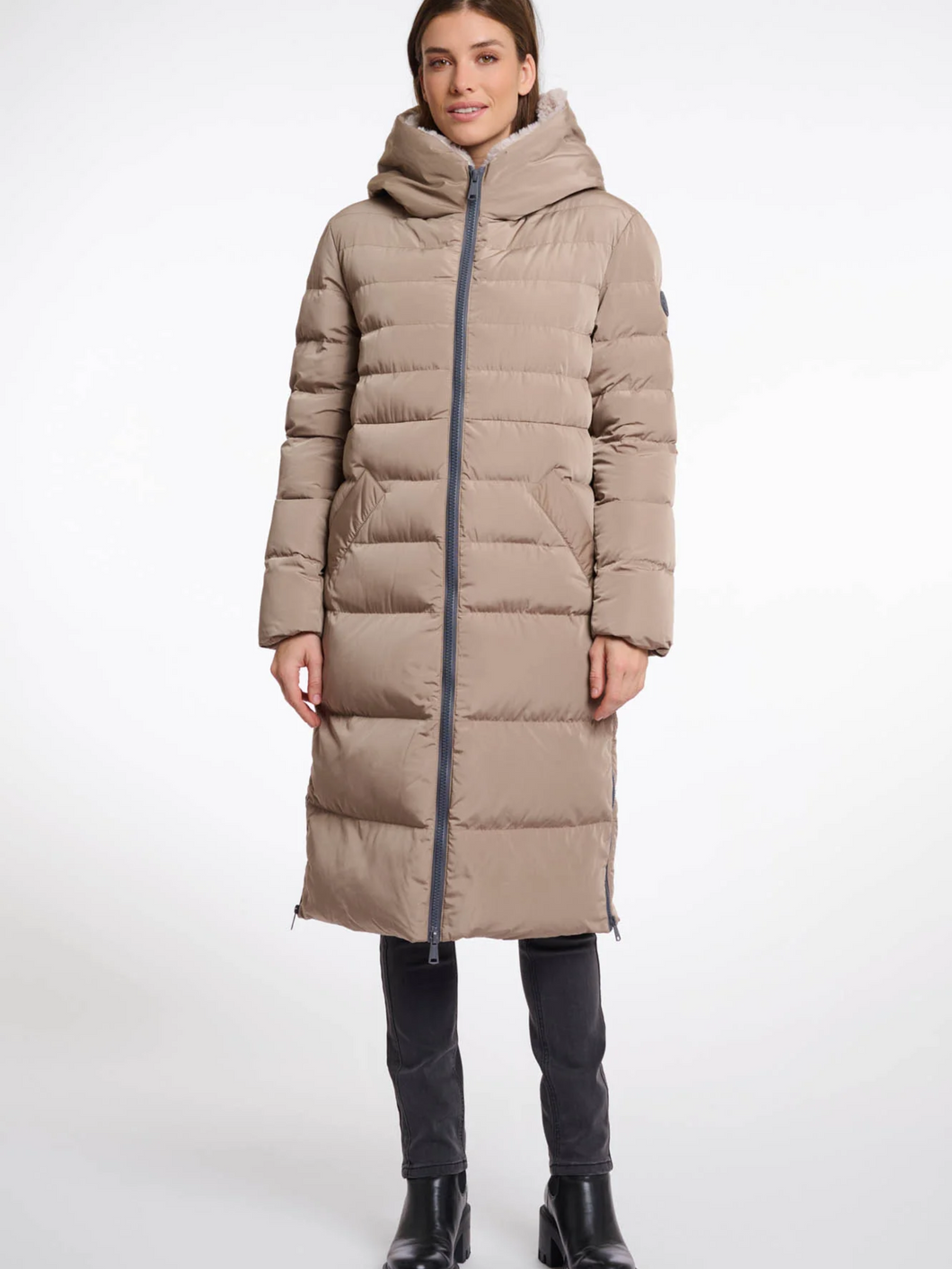 Rino & Pelle Keilafur long padded winter coat for women with faux-fur lining, hood, zip closure and side zips – stylish insulated outerwear for cold weather.