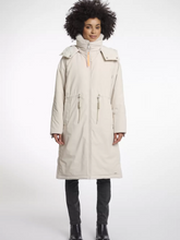 Load image into Gallery viewer, Rino &amp; Pelle Quinte Birch outdoor jacket-longline women’s winter coat with detachable hood and high collar, warm and stylish neutral outerwear.
