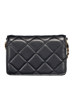 Black quilted handbag with gold chain strap