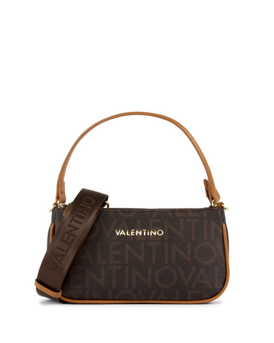 Brown handbag with tan handle and long strap 