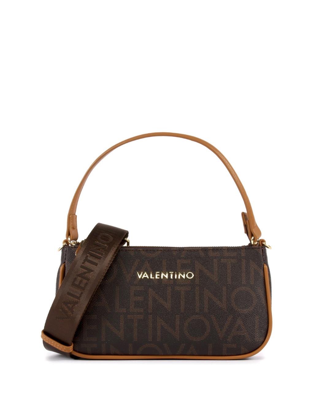 Brown handbag with tan handle and long strap 