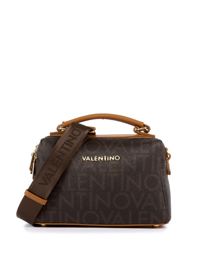 Brown handbag with tan handle and strap, featuring Valentino logo