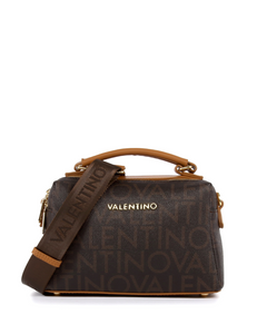 Brown handbag with tan handle and strap, featuring Valentino logo